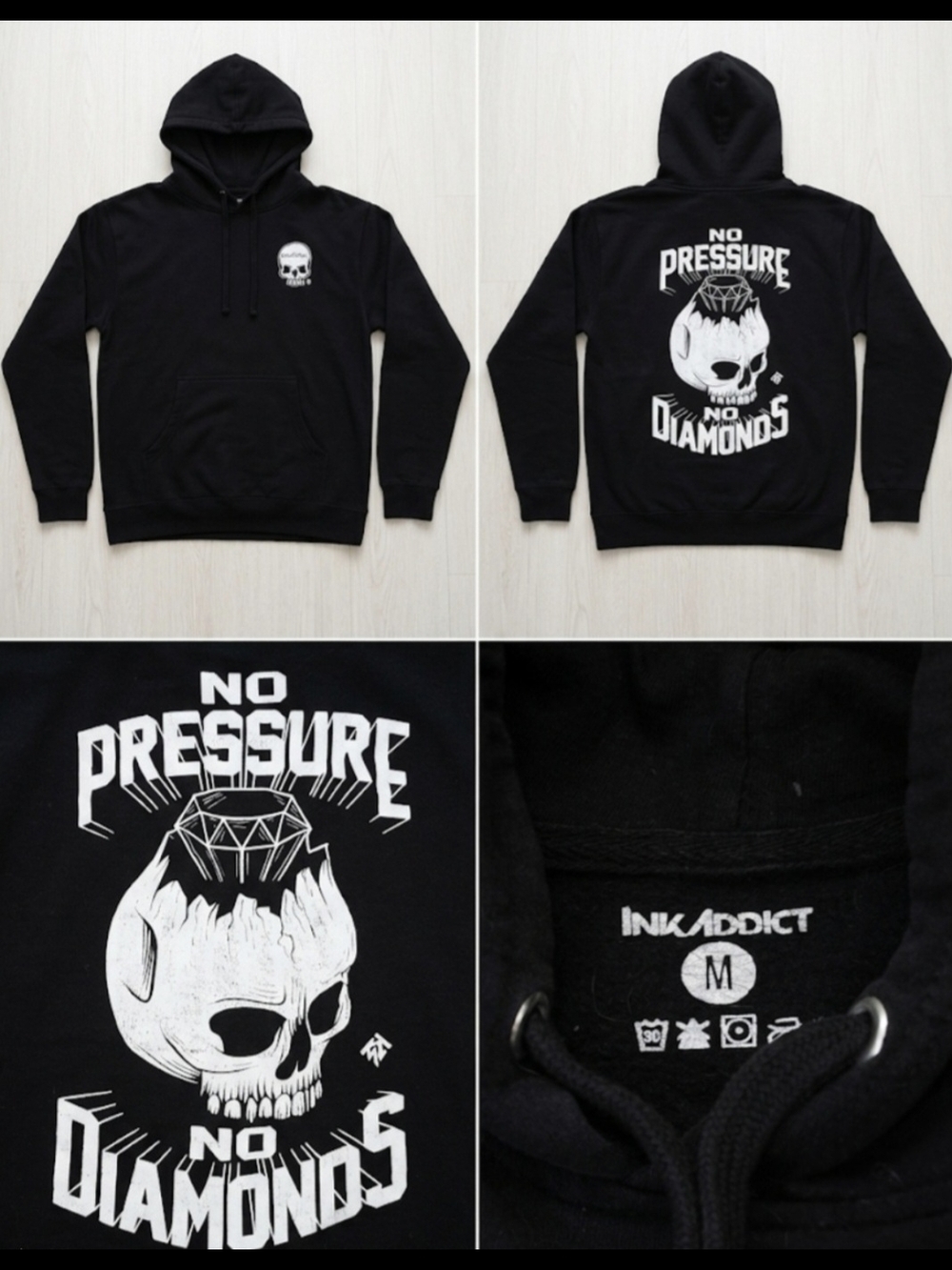 Ink Addict Black Hoodie "No Pressure No Diamonds" - Exact Piece Warn For Feature